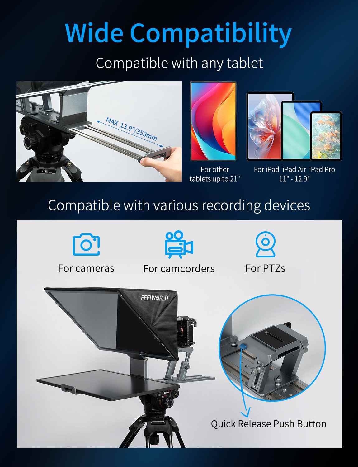 FeelWorld TP21 prompteur 21" pliable Bluetooth studio