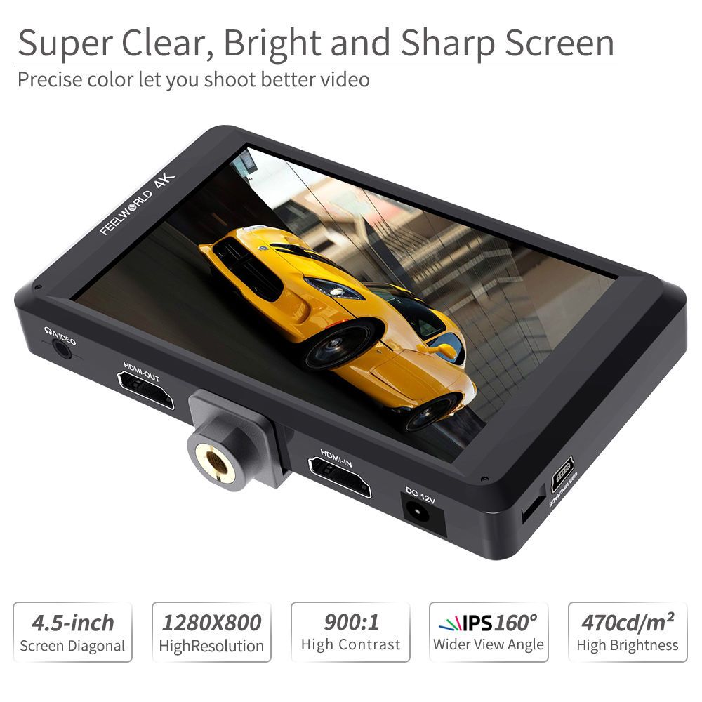 FeelWorld FW450 moniteur 4,5" HDMI 4K peaking focus terrain