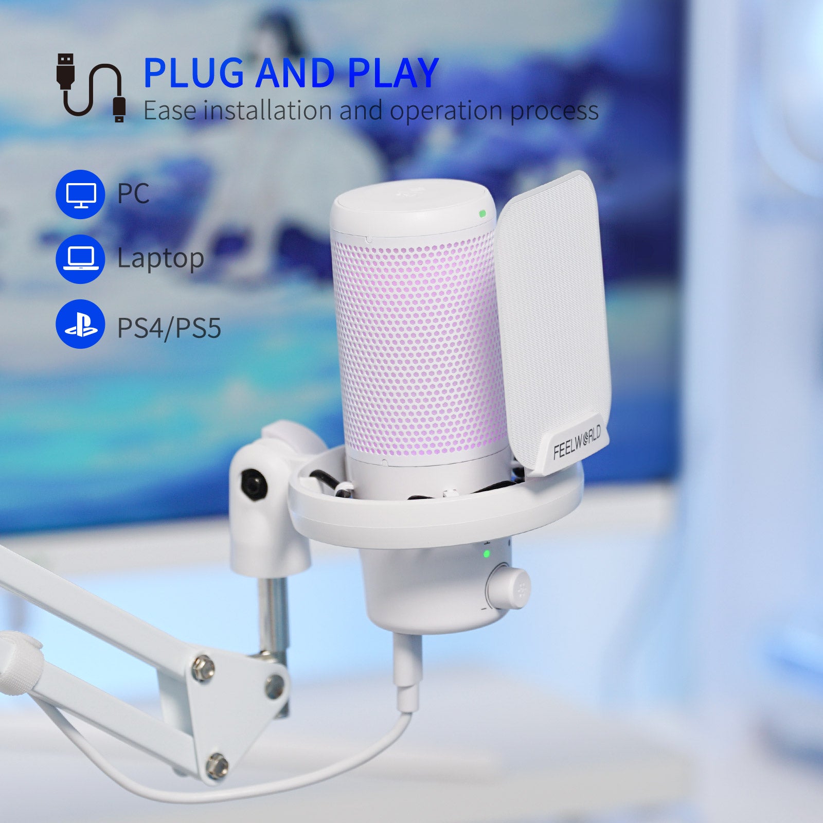 FeelWorld VM1 Microphone USB blanc condensateur + bras gaming