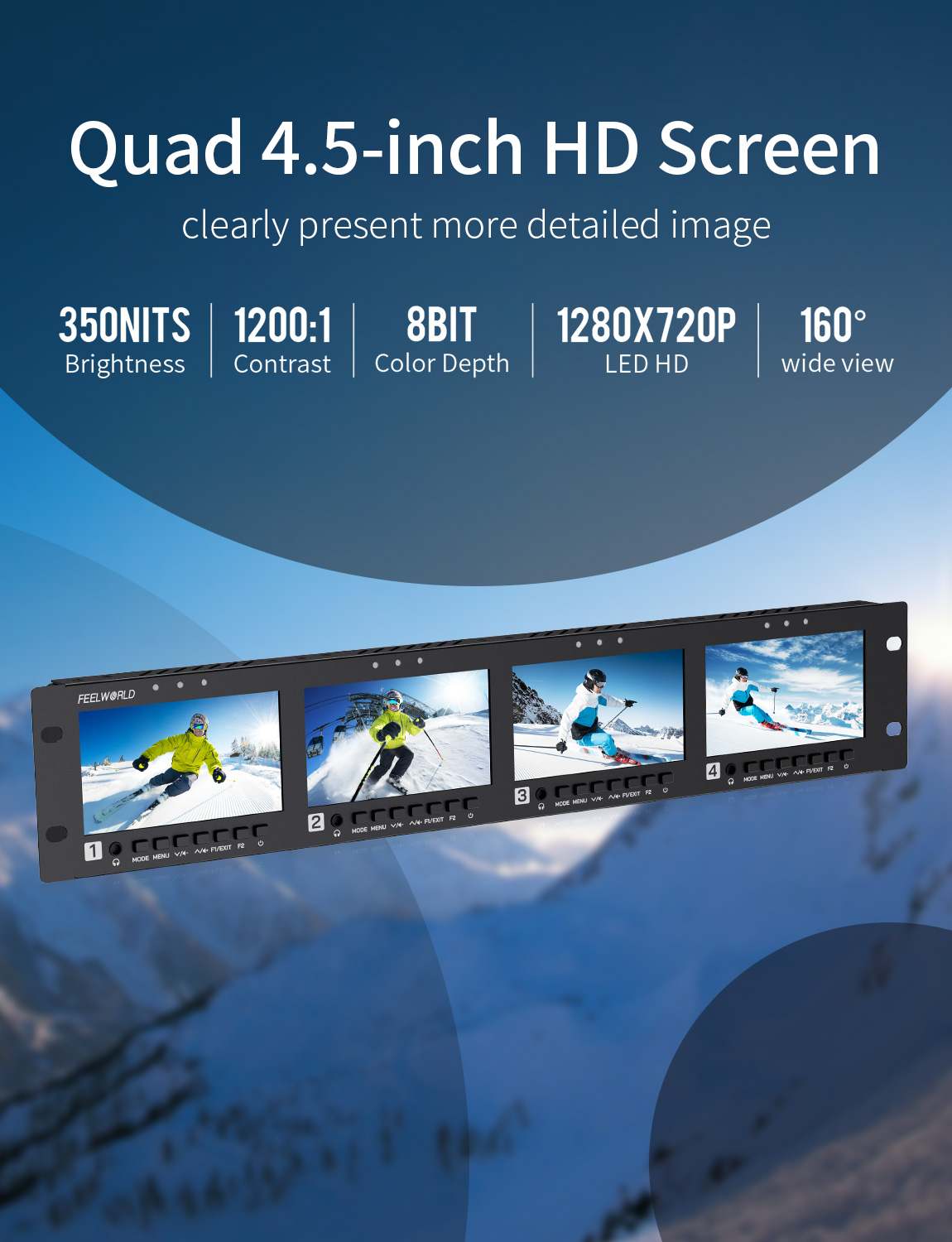 FeelWorld Q41 moniteur rack 2U 4x4,5" SDI HDMI 4K
