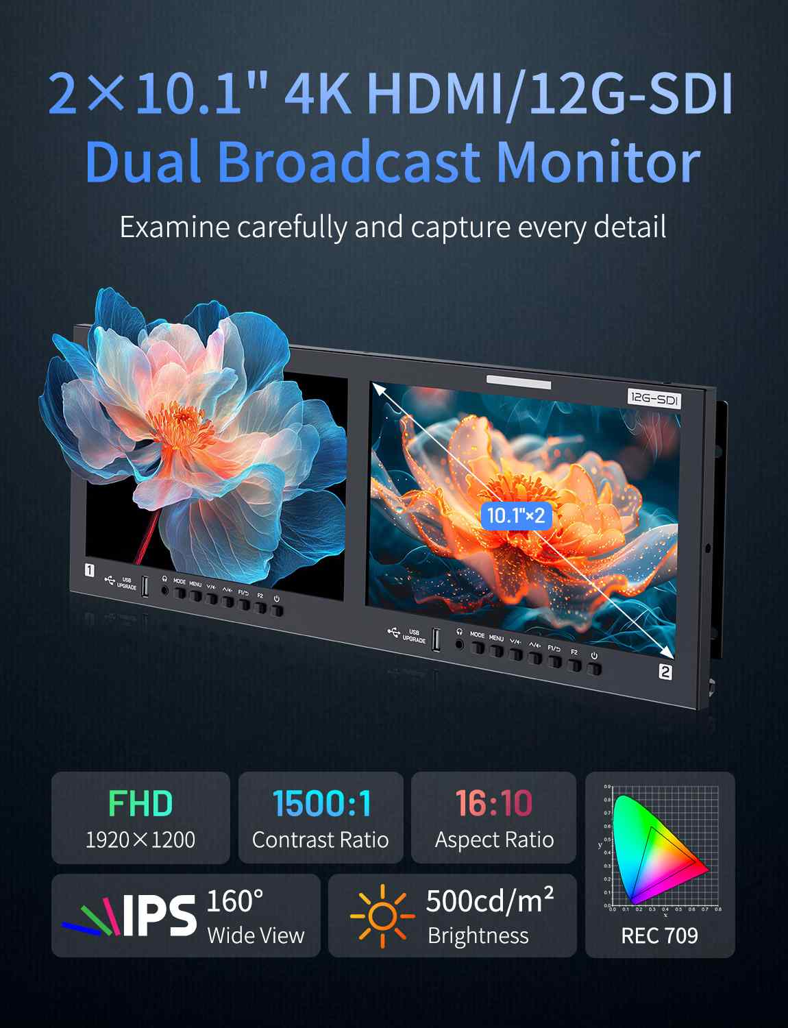 FeelWorld FRM1001G moniteur rack 2x10,1" 12G-SDI 4K HDMI