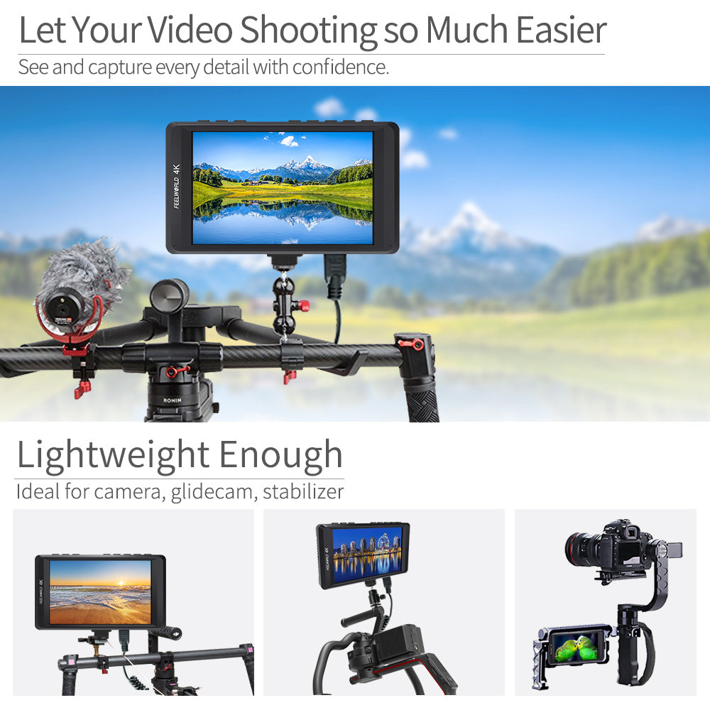 FeelWorld FW450 moniteur 4,5" HDMI 4K peaking focus terrain