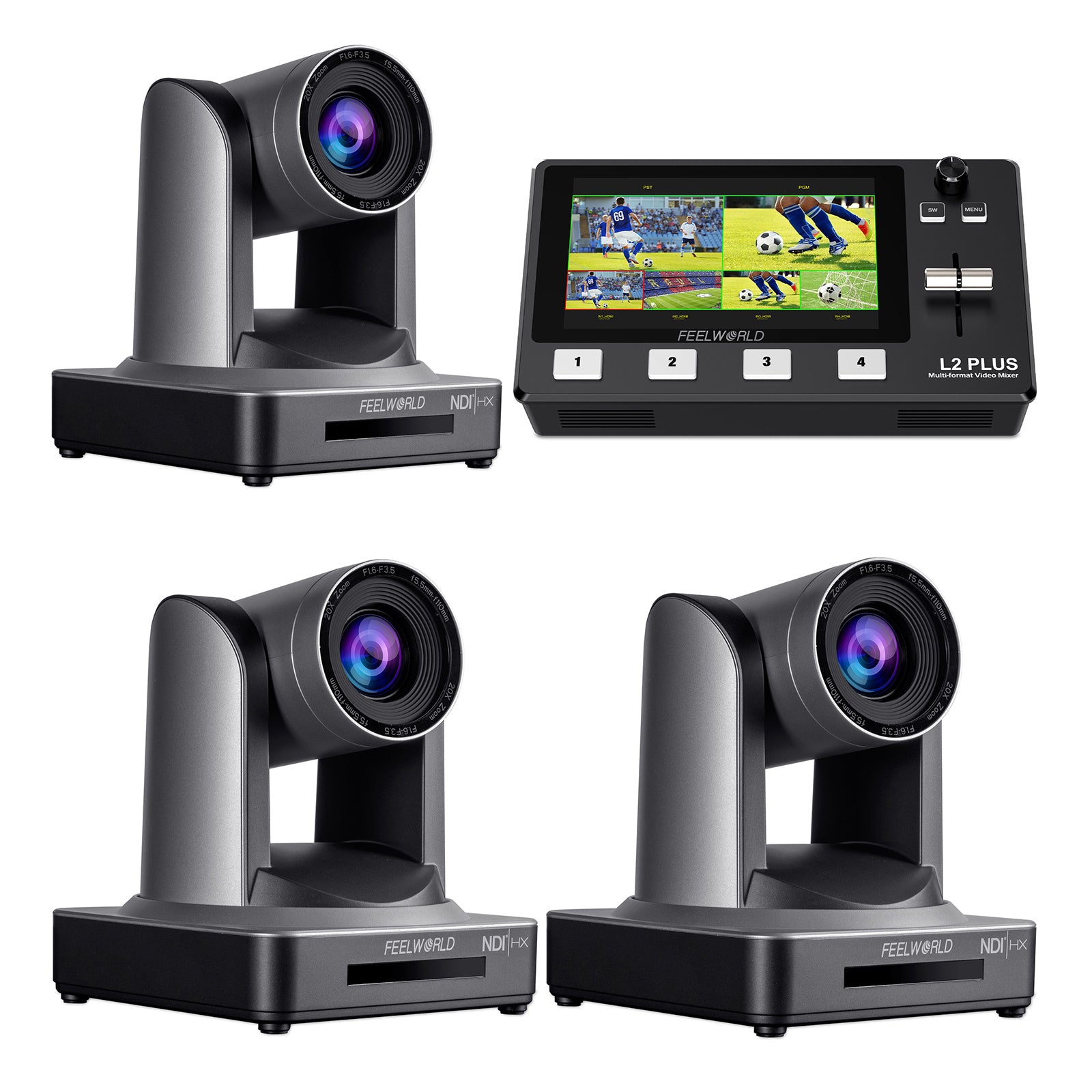FeelWorld L2 PLUS Mélangeur vidéo + 3 caméras PTZ NDI20X