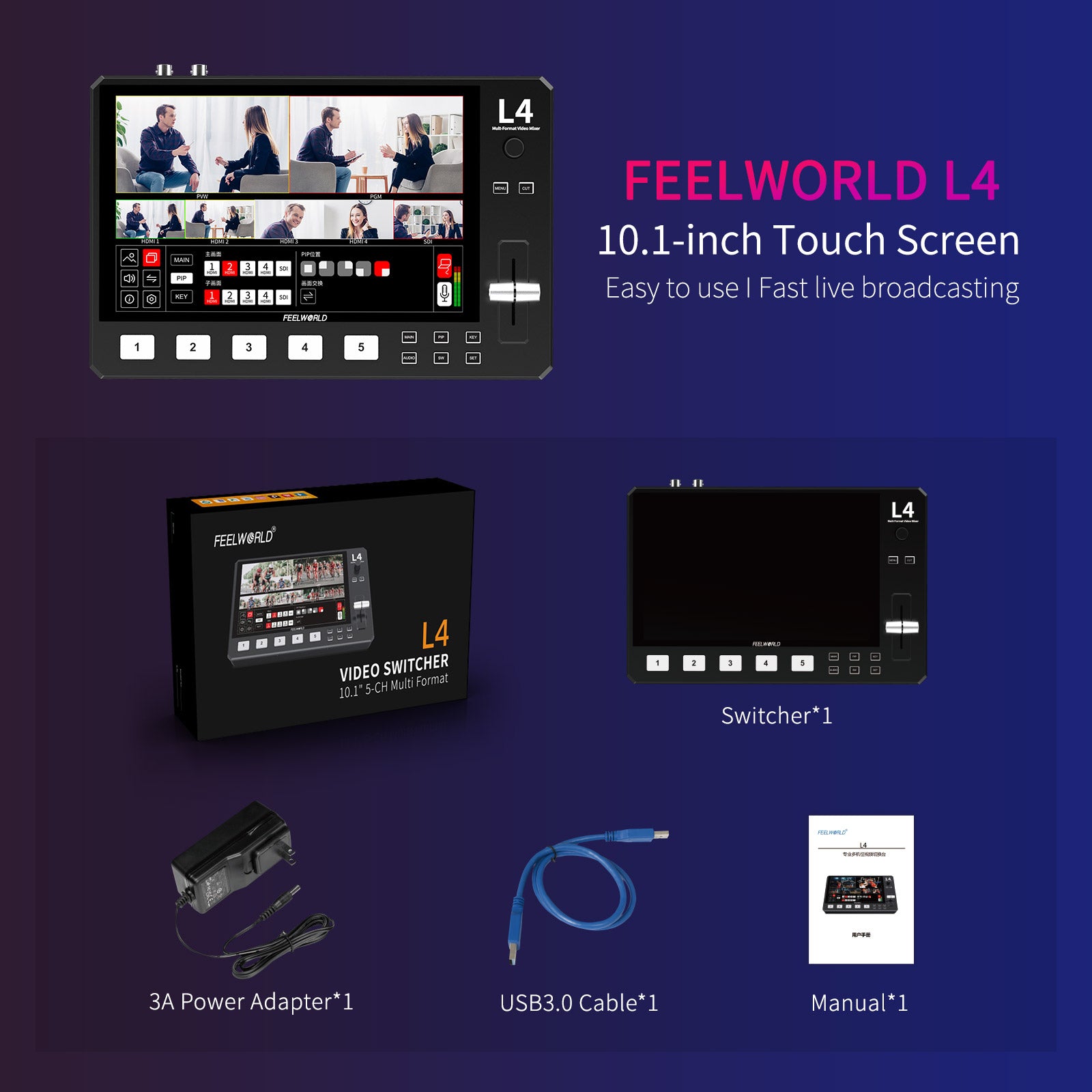 FeelWorld L4 mélangeur vidéo 10,1 pouces 4 HDMI SDI direct
