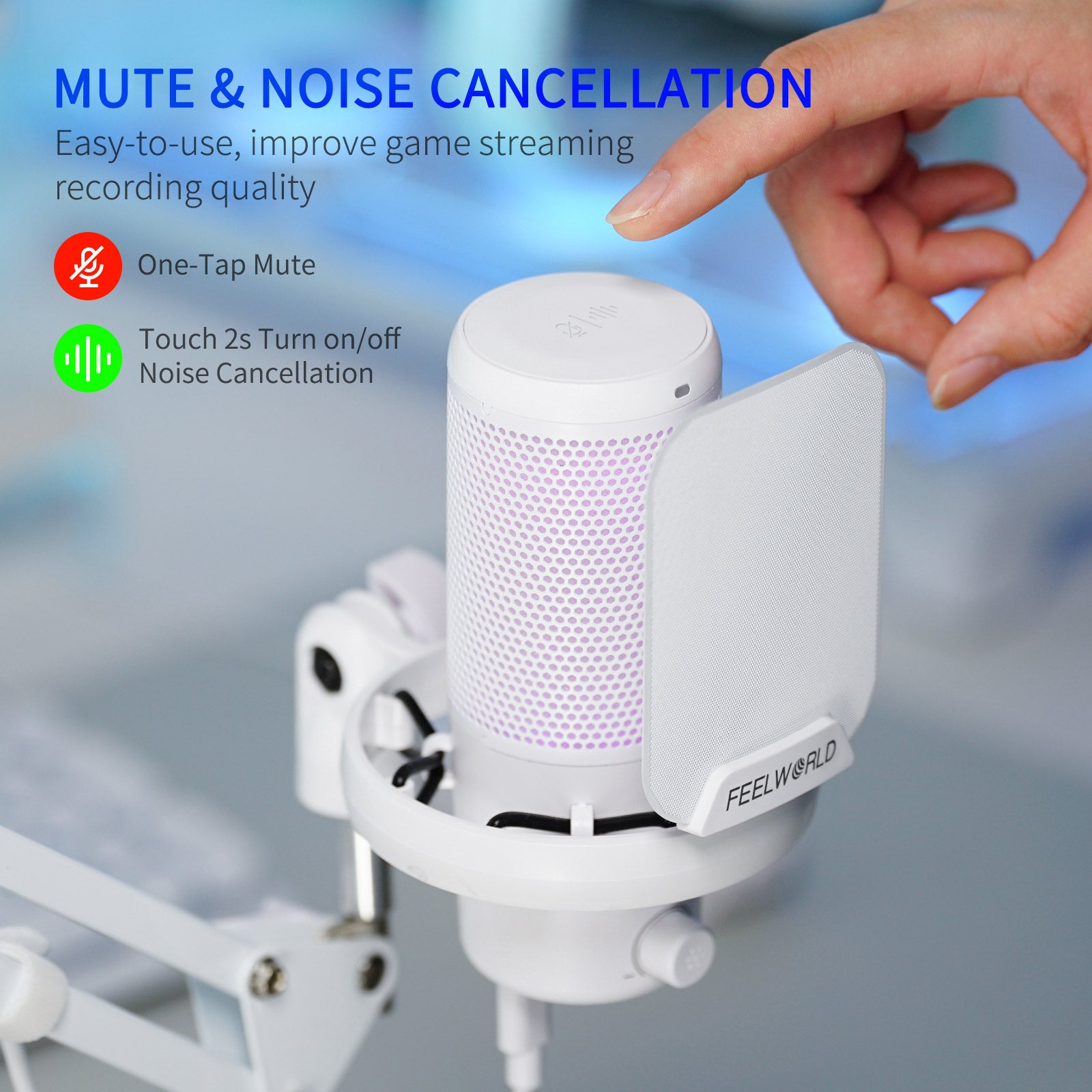 FeelWorld VM1 Microphone USB blanc condensateur + bras gaming