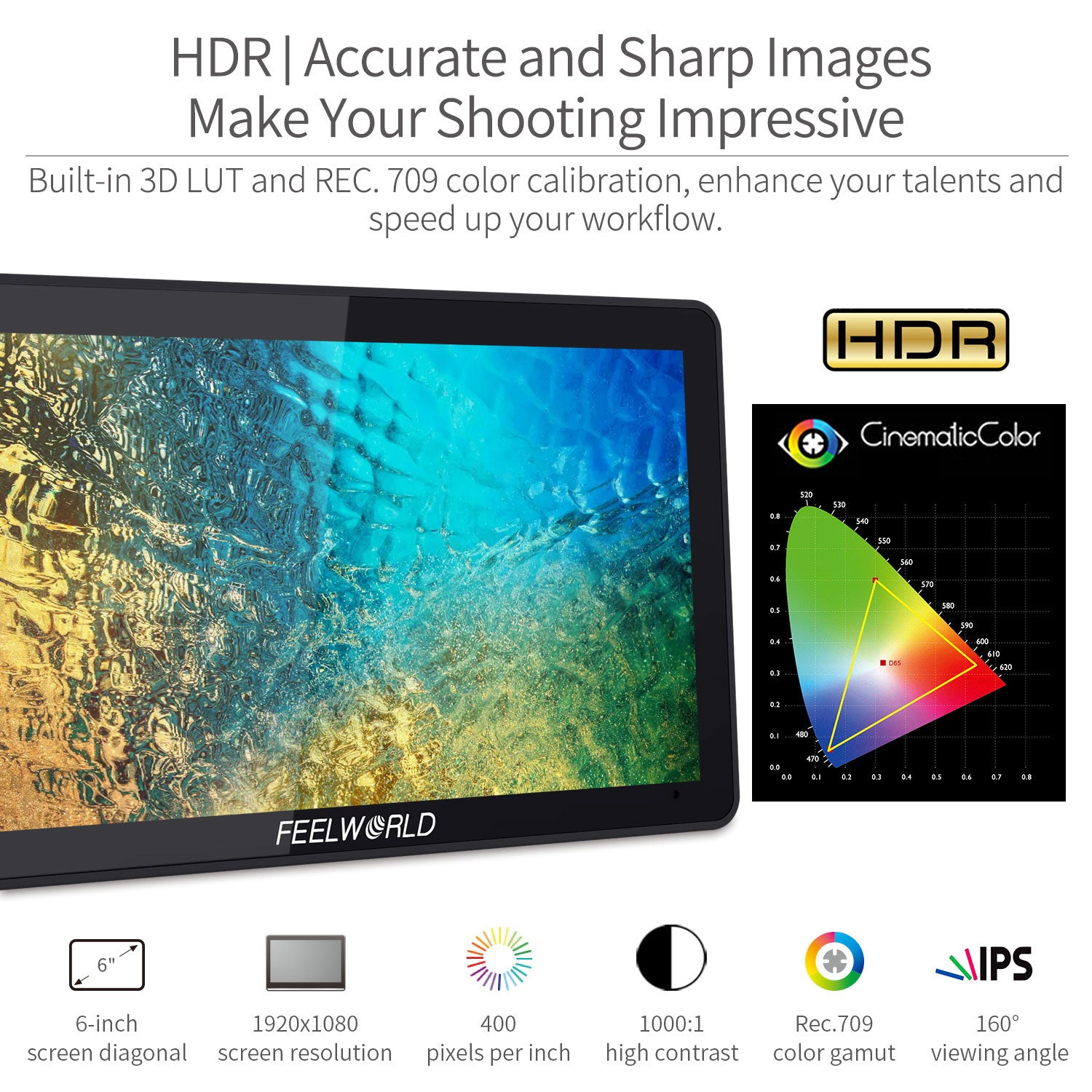 FeelWorld F6 Plus moniteur terrain tactile 6" 4K HDMI + batterie