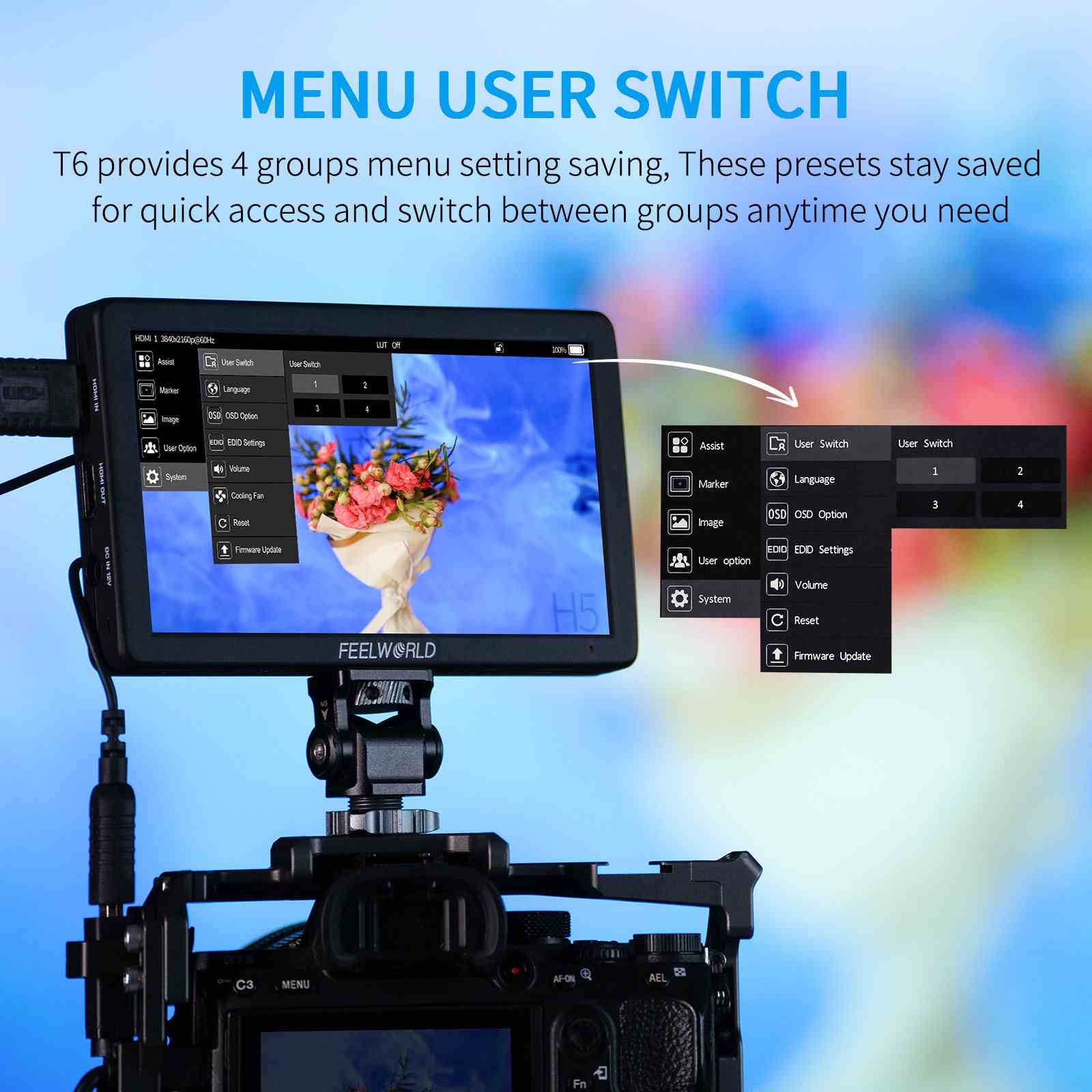 FeelWorld Broadcast Monitor T6 6 pouces moniteur avec batterie