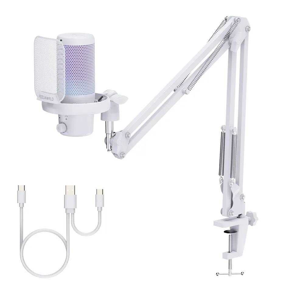 FeelWorld VM1 Microphone USB blanc condensateur + bras gaming