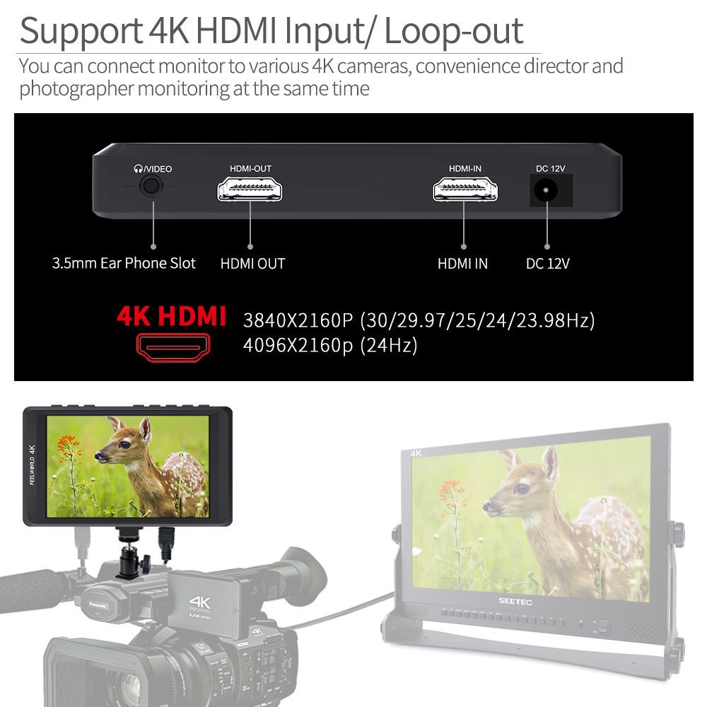 FeelWorld FW450 moniteur 4,5" HDMI 4K peaking focus terrain