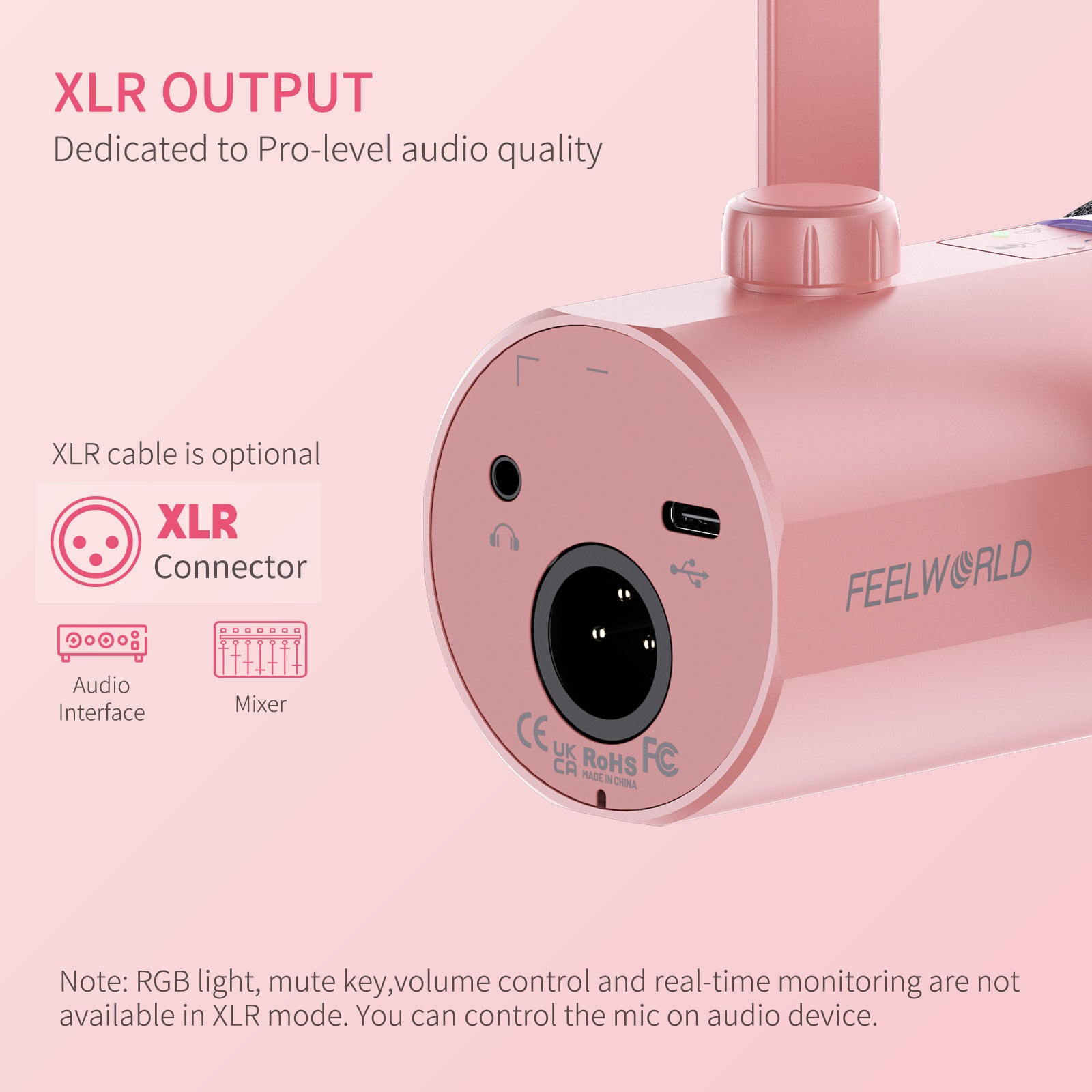 FeelWorld PM1 micro dynamique XLR USB rose + bras podcast