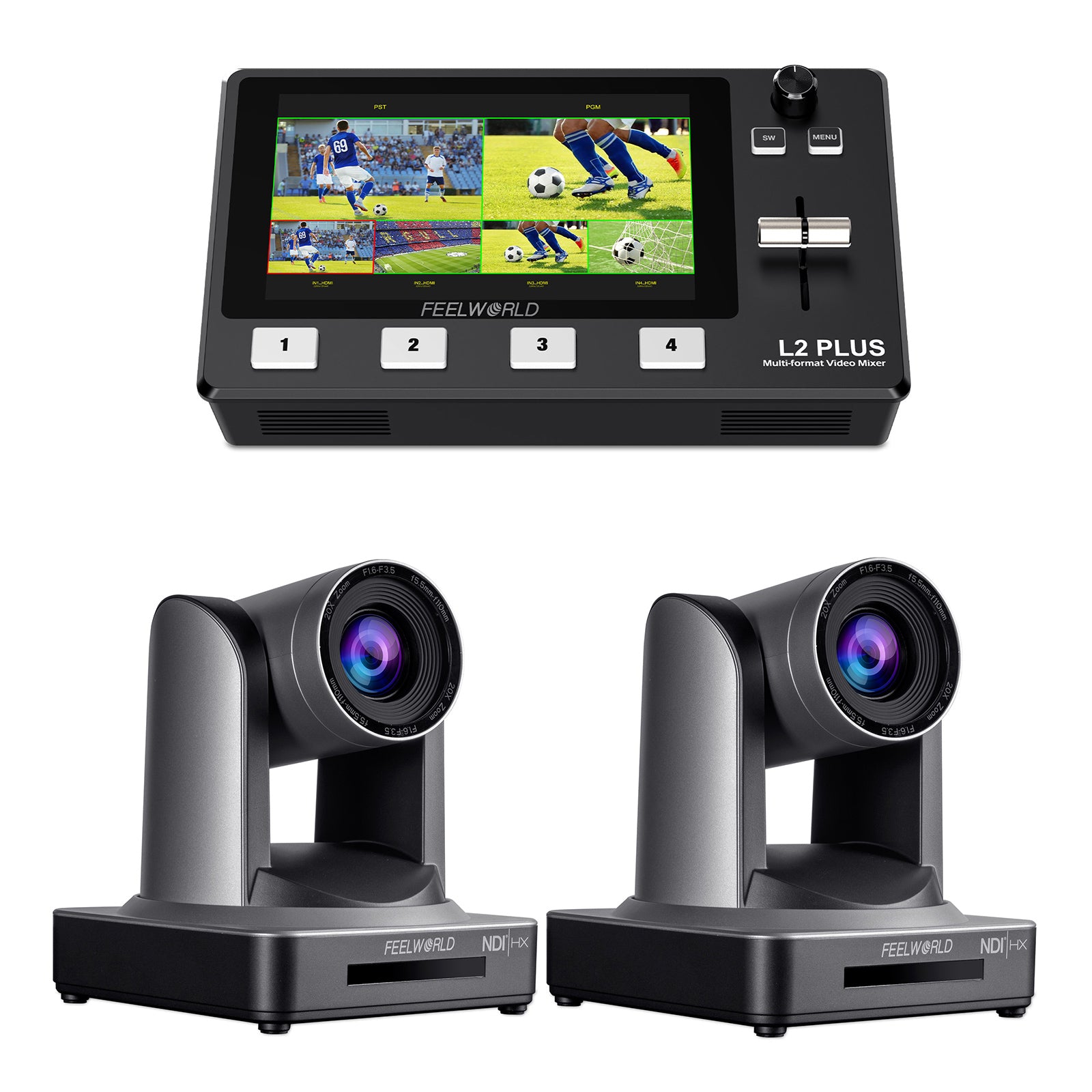 FeelWorld L2 PLUS + 2 NDI20X kit switcher PTZ NDI