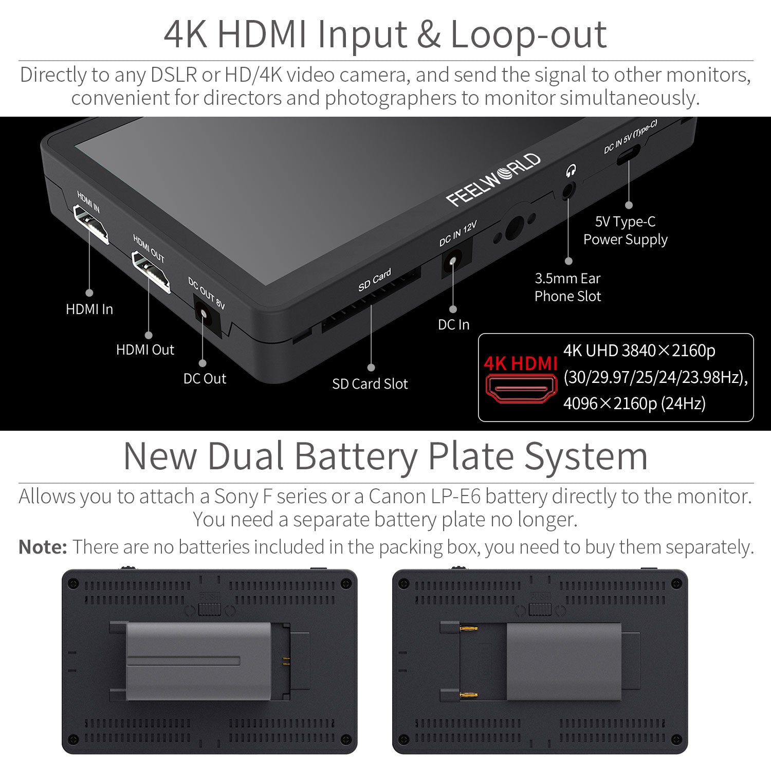 FeelWorld F6 Plus moniteur terrain tactile 6" 4K HDMI + batterie