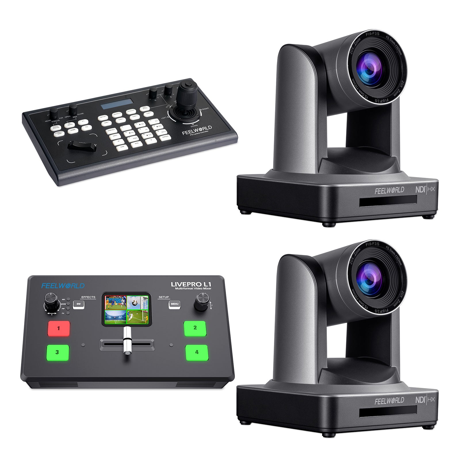 FeelWorld KBC10 + L1 V1 + 2 NDI20X kit régie PTZ NDI