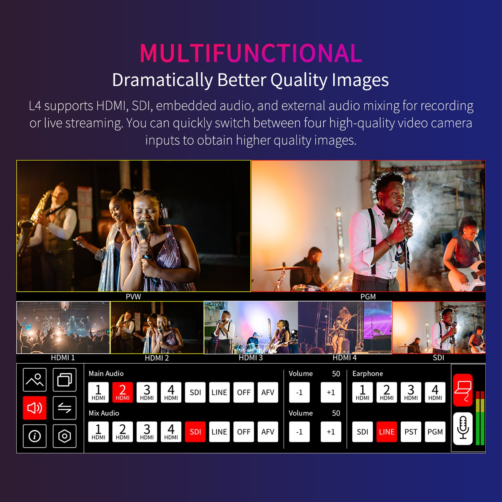 FeelWorld L4 mélangeur vidéo 10,1 pouces 4 HDMI SDI direct