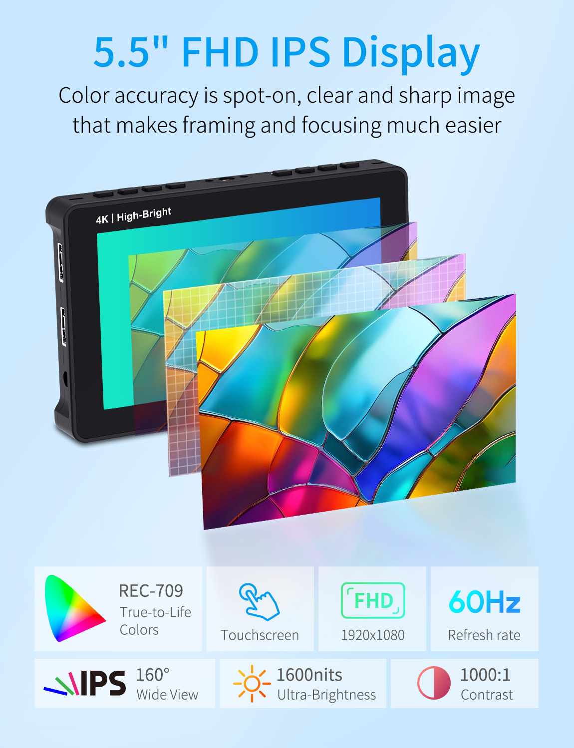 FeelWorld Broadcast Monitor F5 PROX 5,5" 1600 nits batterie