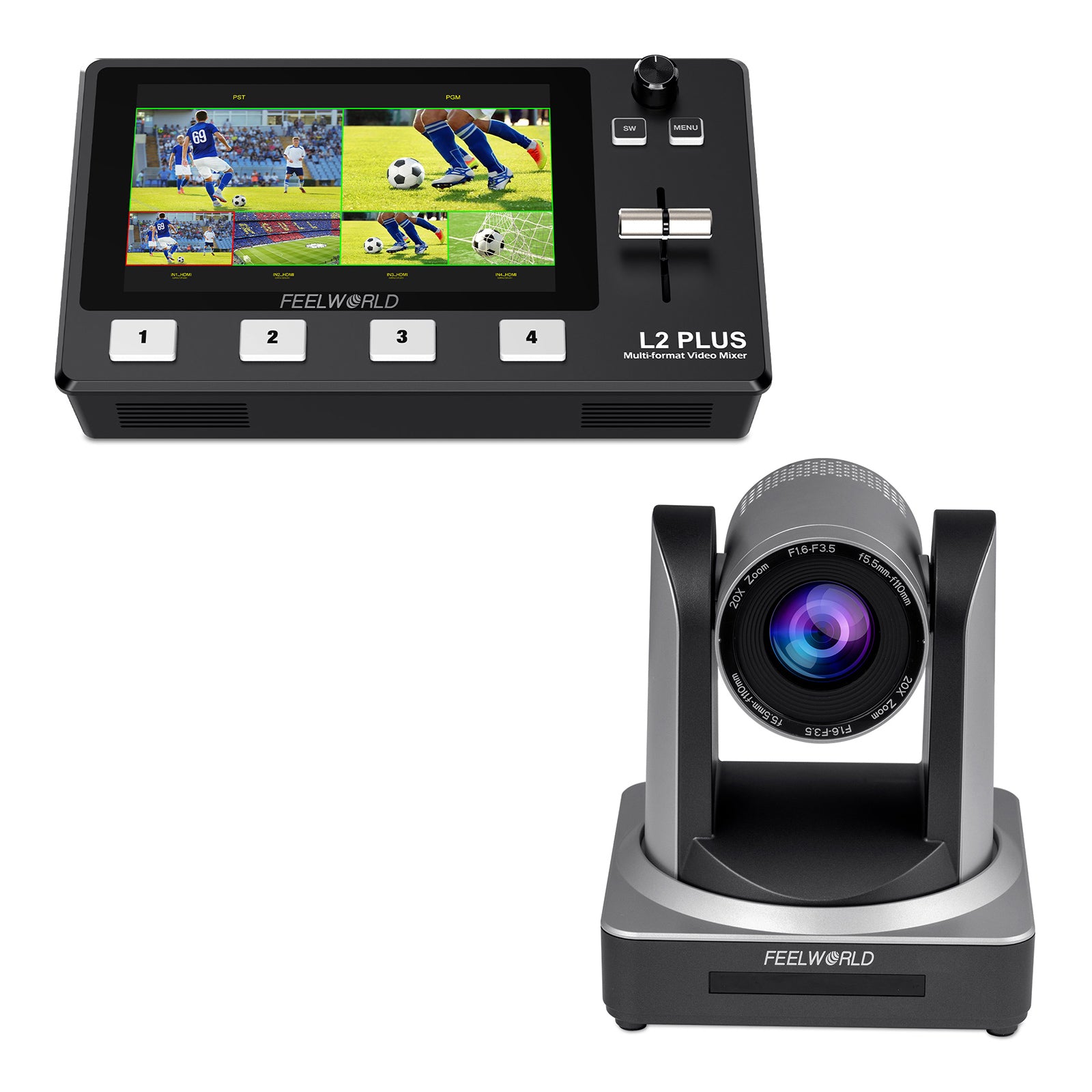 FeelWorld L2 PLUS + POE20X kit streaming mélangeur caméra PTZ