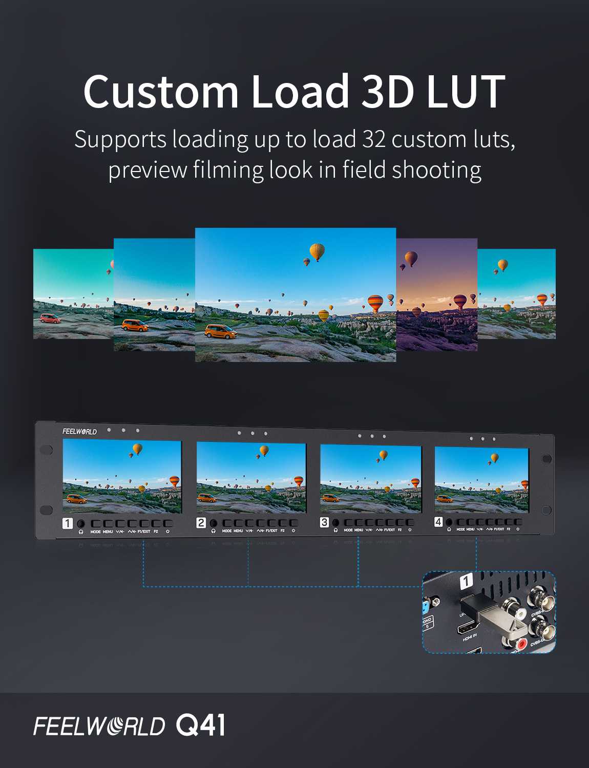 FeelWorld Q41 moniteur rack 2U 4x4,5" SDI HDMI 4K