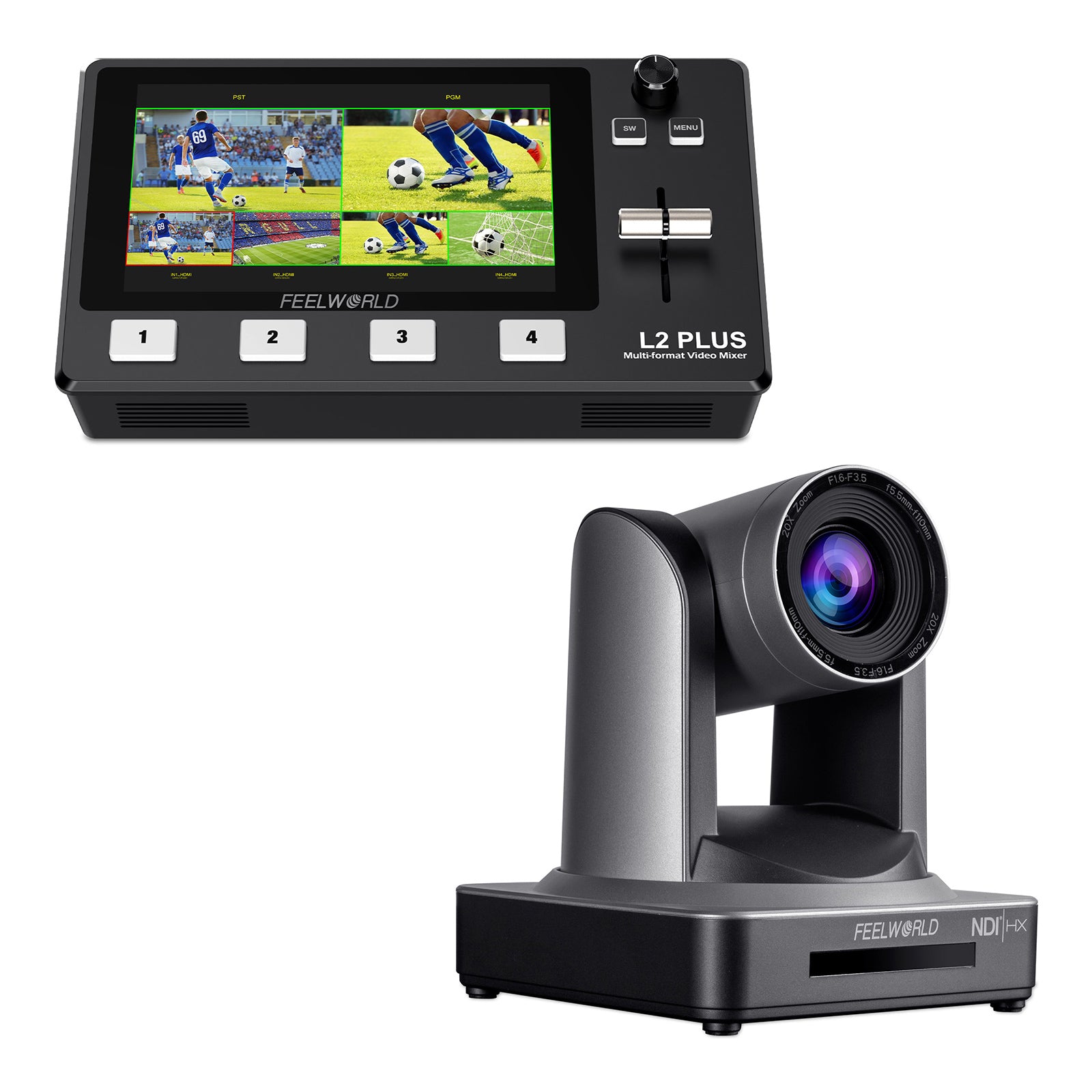 FeelWorld L2 Plus NDI20X kit mélangeur streaming + caméra PTZ