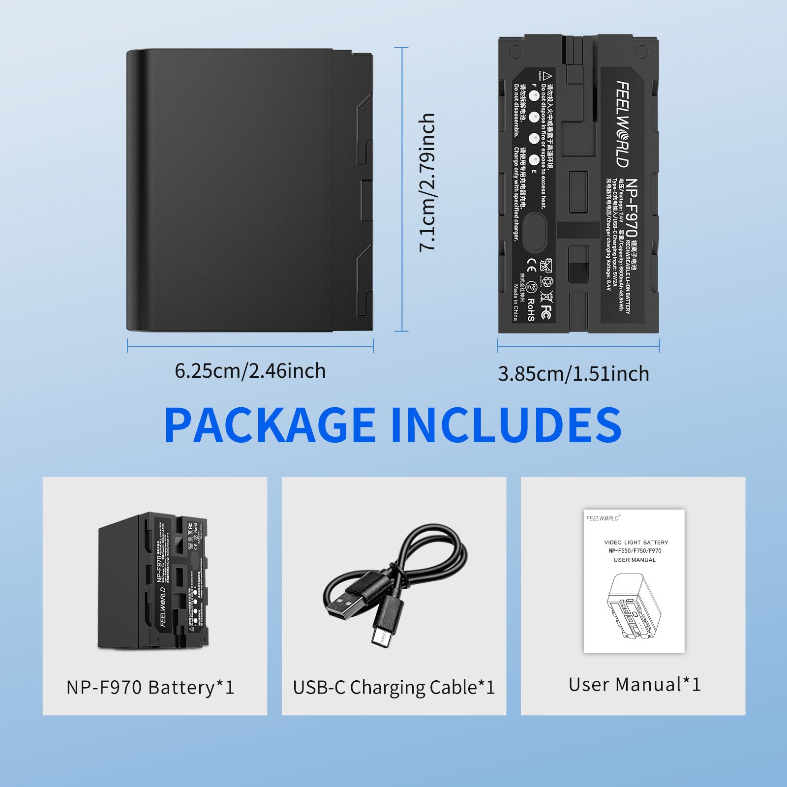 FeelWorld NP-F970 batterie 6600mAh USB-C moniteur LED
