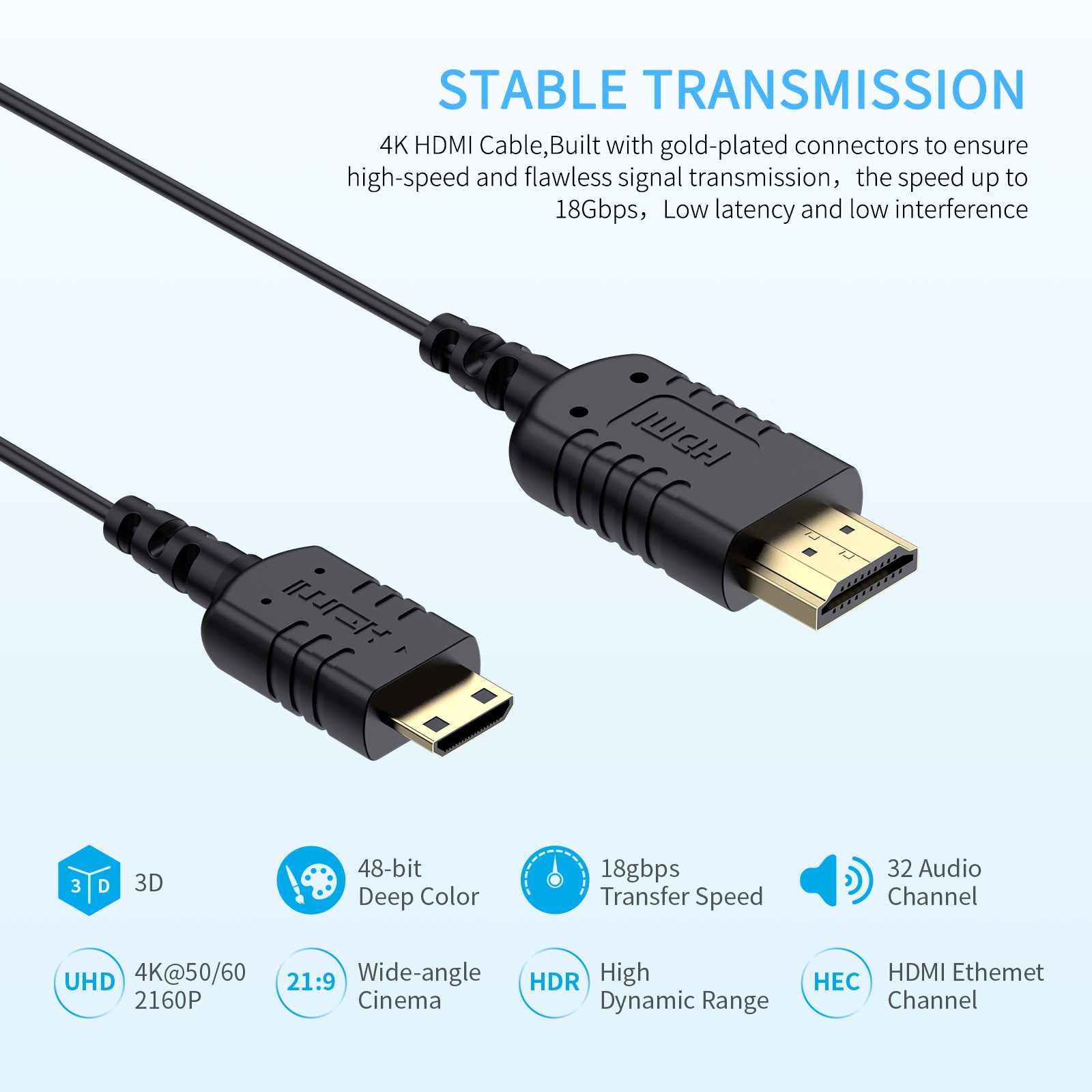 FeelWorld câble mini HDMI-HDMI 4K 60Hz fin 90cm monitoring