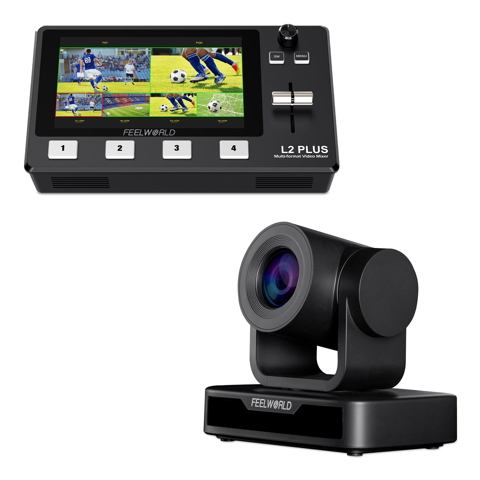 FeelWorld L2 Plus + USB10X kit switcher + caméra PTZ
