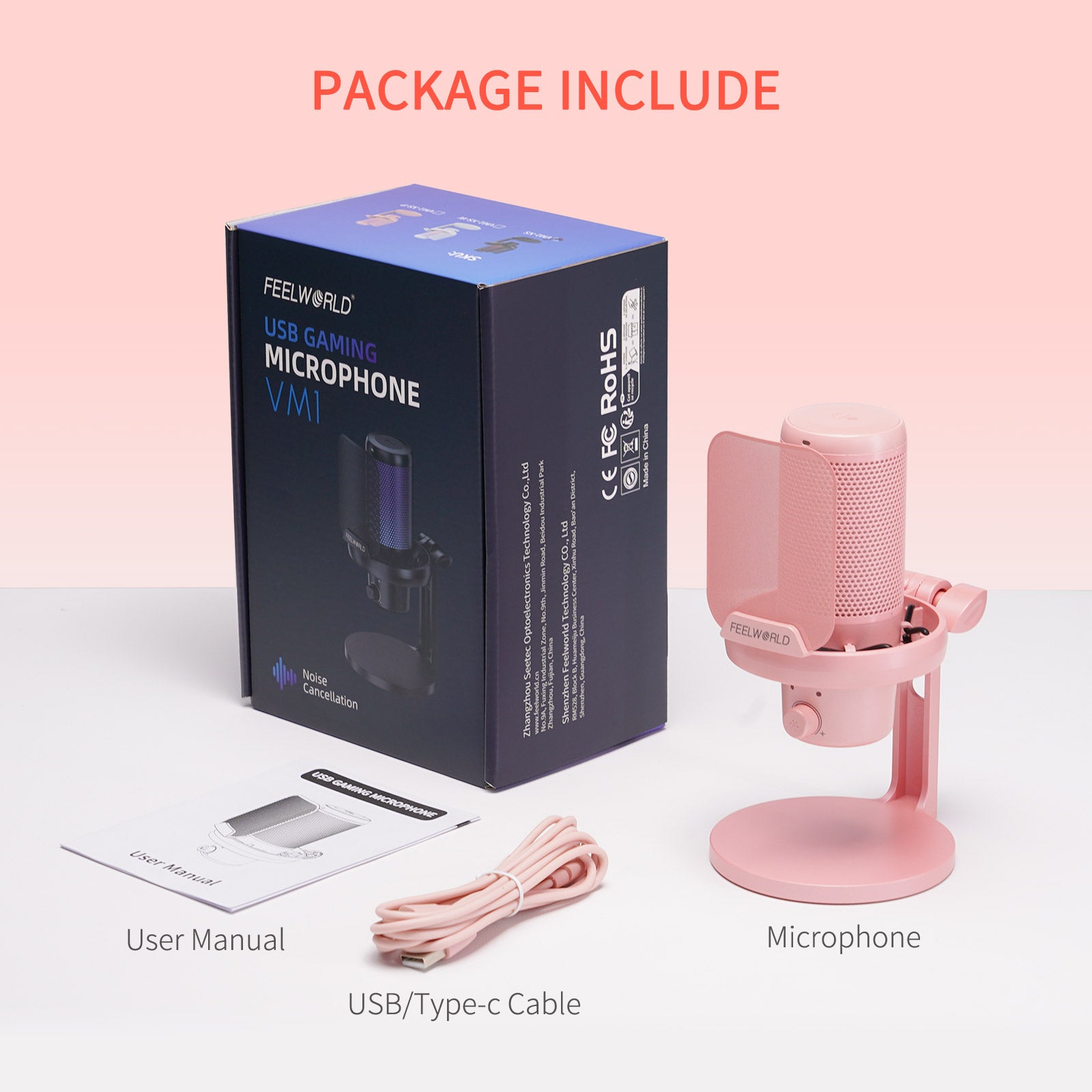 FeelWorld VM1 Micro USB condensateur rose avec pied gaming