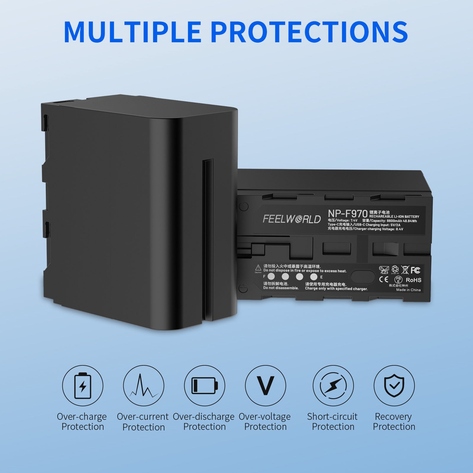 FeelWorld NP-F970 batterie 6600mAh USB-C moniteur LED