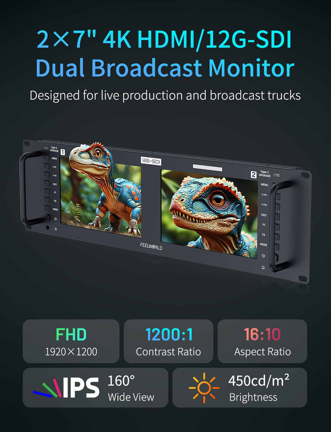 FeelWorld FRM701G Moniteur rack 2x7" 12G-SDI 4K broadcast
