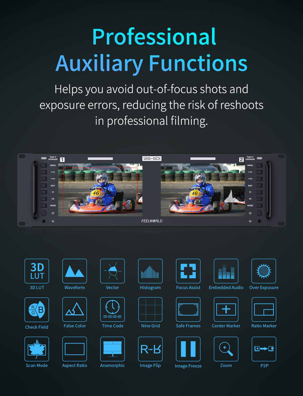 FeelWorld FRM701G Moniteur rack 2x7" 12G-SDI 4K broadcast