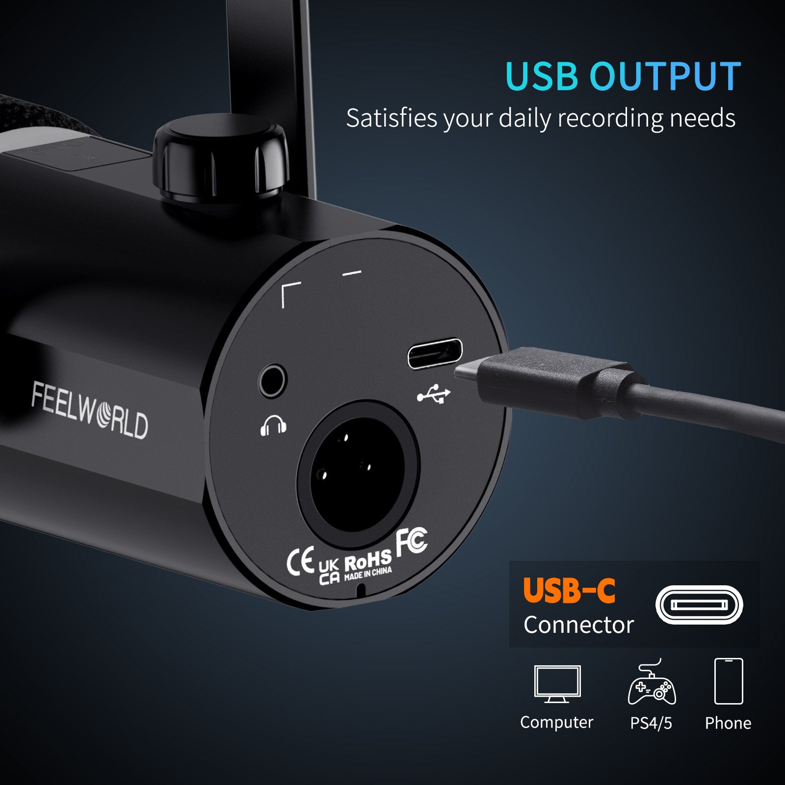 FeelWorld PM1 micro dynamique XLR USB noir podcast