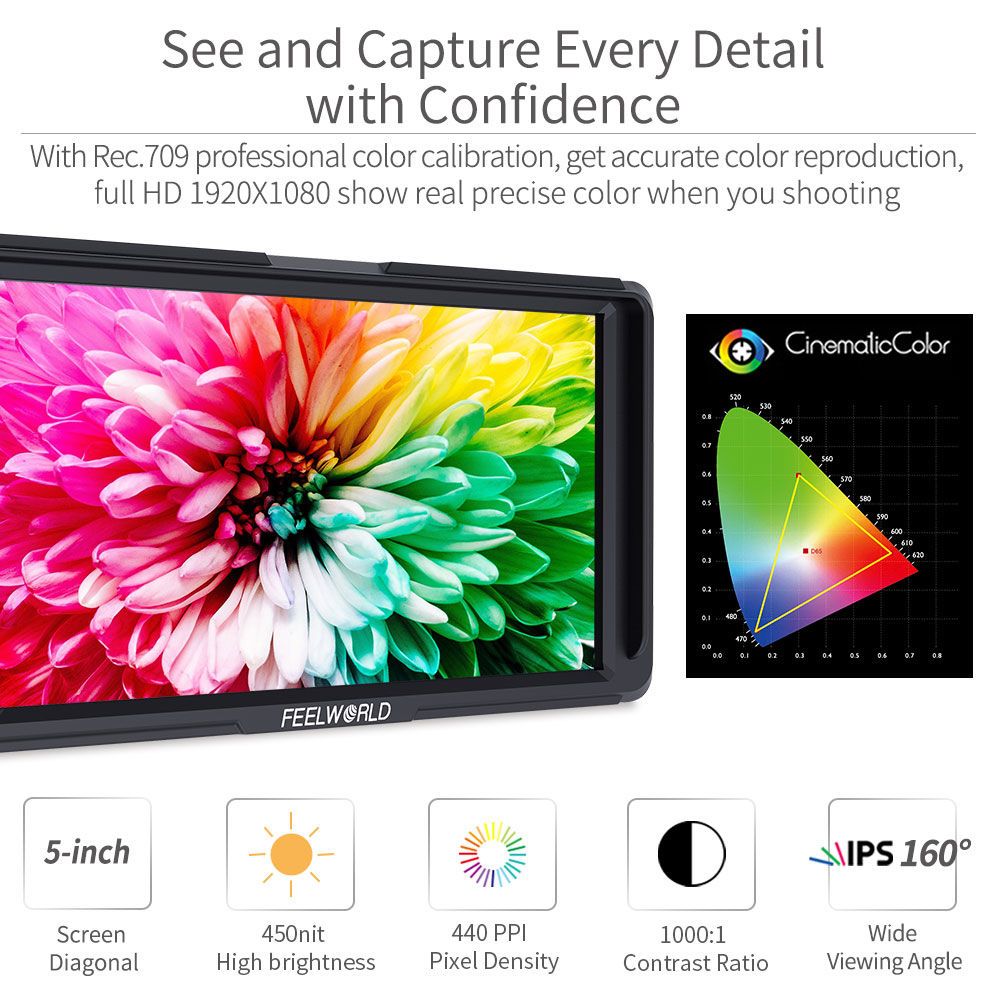 FeelWorld F5 Moniteur Terrain 5 Pouces Full HD 4K HDMI DC Out