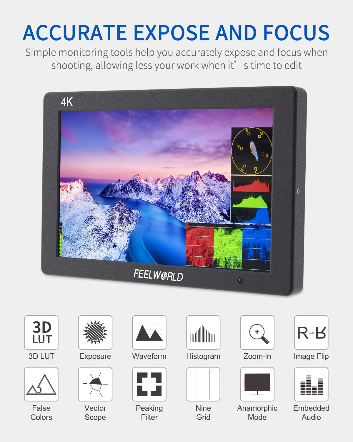 FeelWorld T7 PLUS moniteur terrain 7" 3D LUT HDMI 4K alu