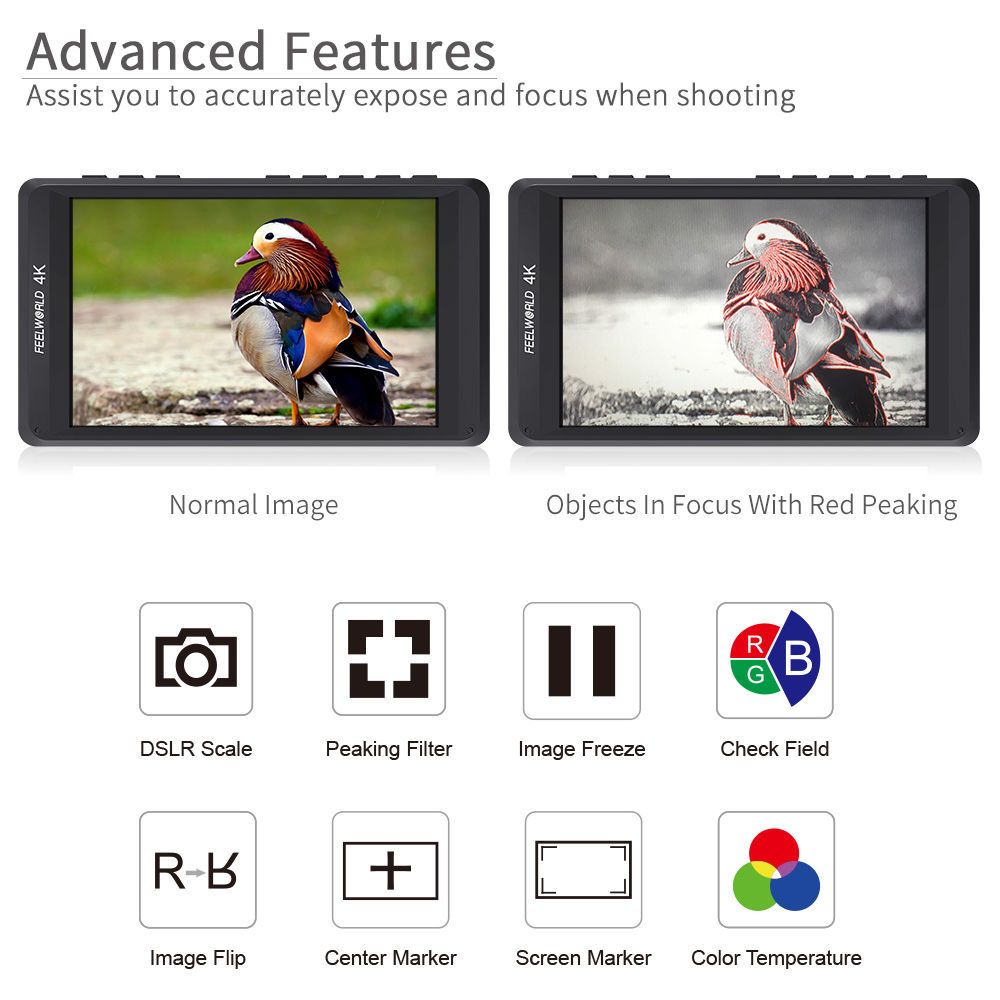 FeelWorld FW450 moniteur 4,5" HDMI 4K peaking focus terrain