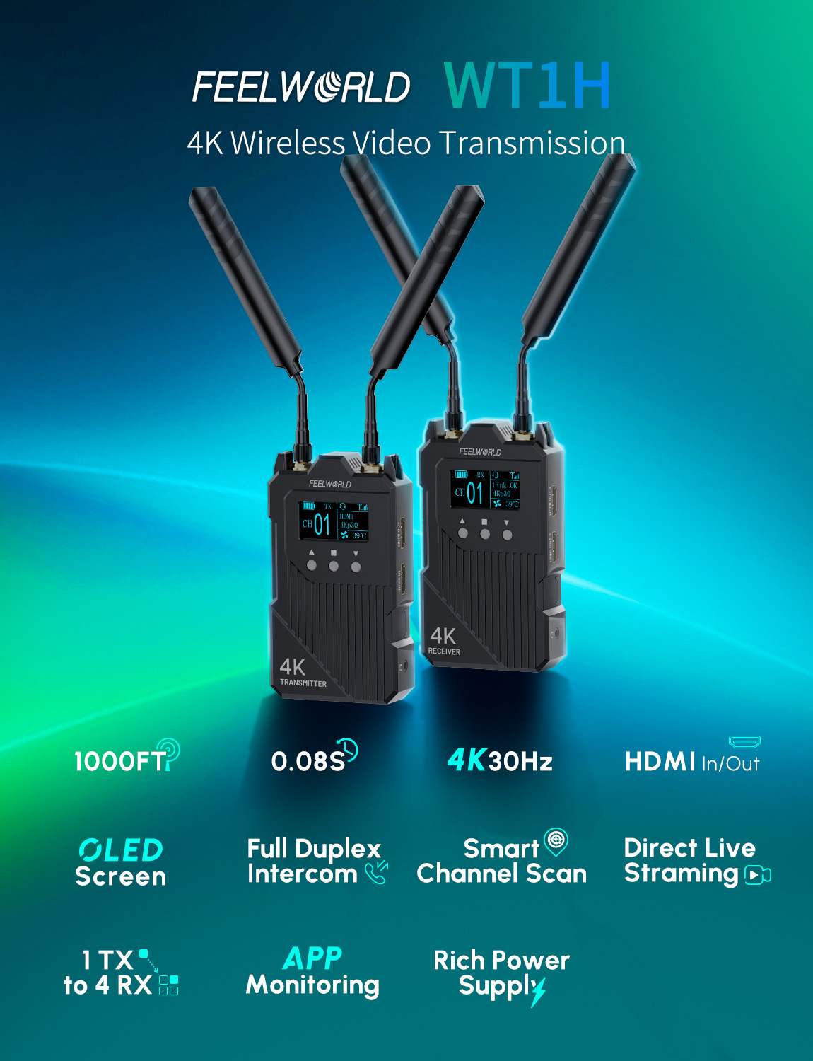 FeelWorld WT1H transmetteur vidéo sans fil 4K HDMI + intercom