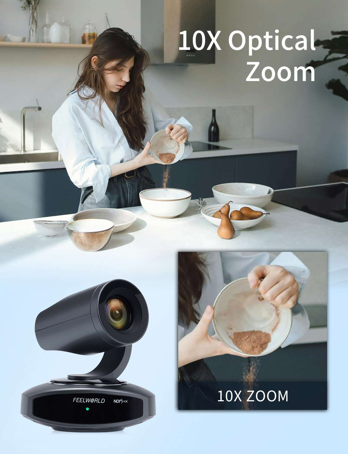 FeelWorld NDI10X caméra PTZ 4K 10x zoom suivi auto HDMI