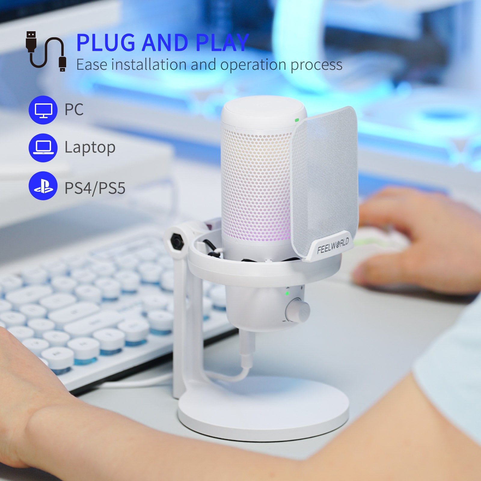 Feelworld VM1 micro condenseur USB blanc + pied