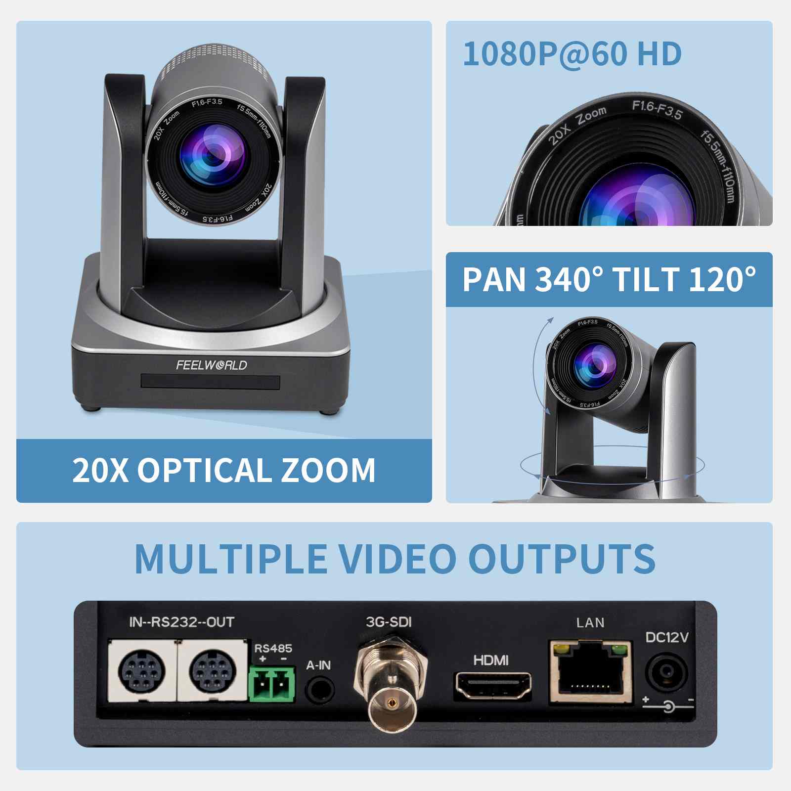 FeelWorld POE20X caméra PTZ 20x HDMI SDI IP PoE 1080p60