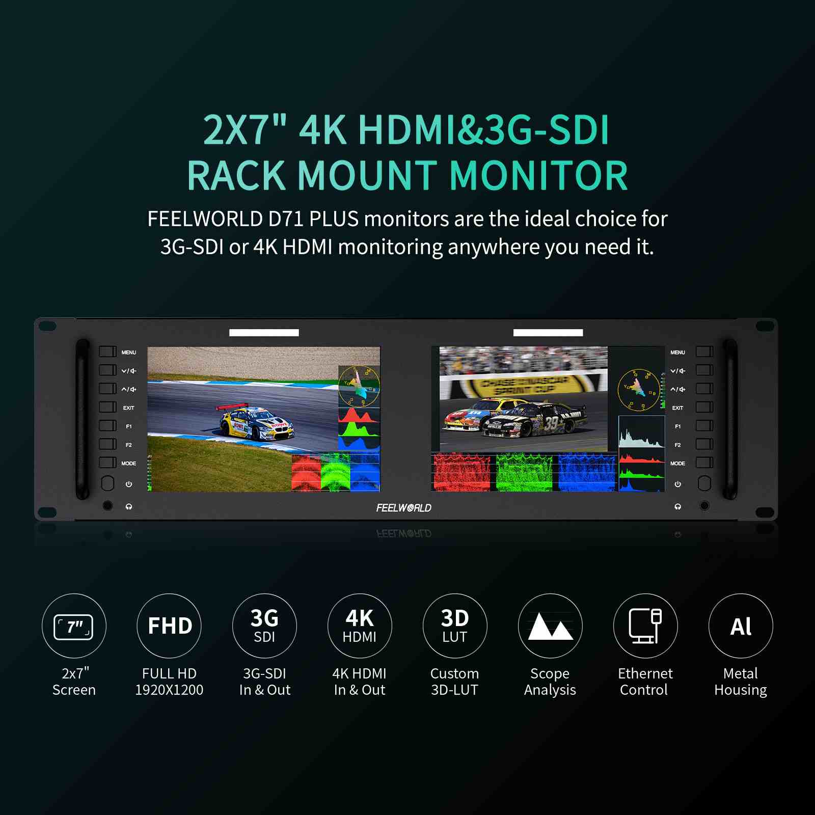 FeelWorld D71 Plus moniteur rack double 7" 3RU SDI HDMI
