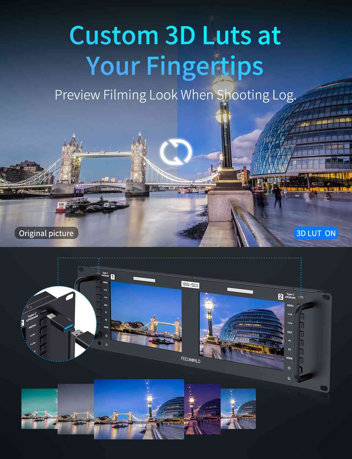 FeelWorld FRM701G Moniteur rack 2x7" 12G-SDI 4K broadcast