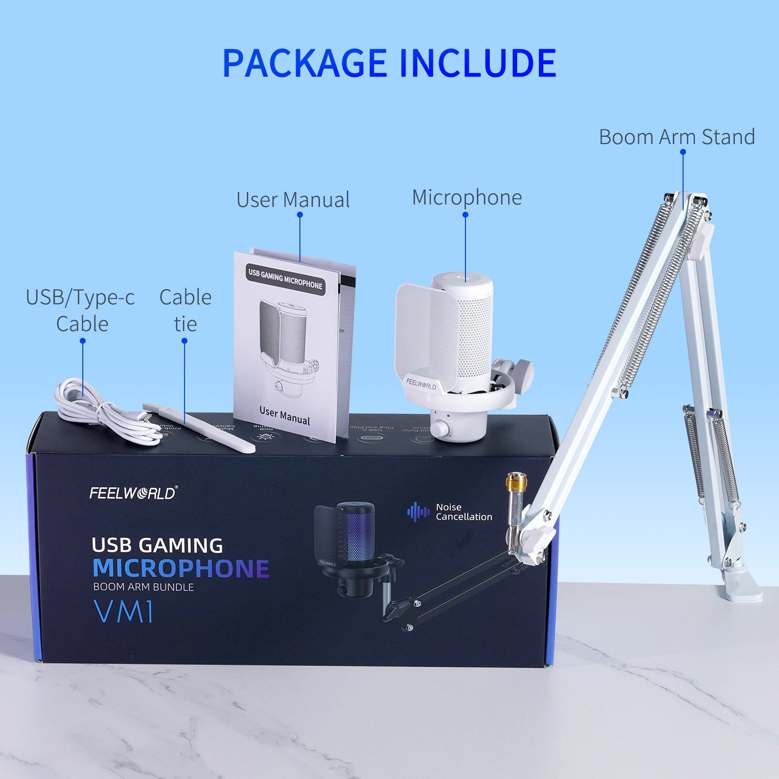 FeelWorld VM1 Microphone USB blanc condensateur + bras gaming