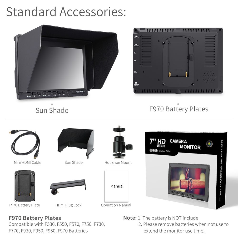FeelWorld FW759 moniteur 7" HDMI 4K avec batterie F550 + sac
