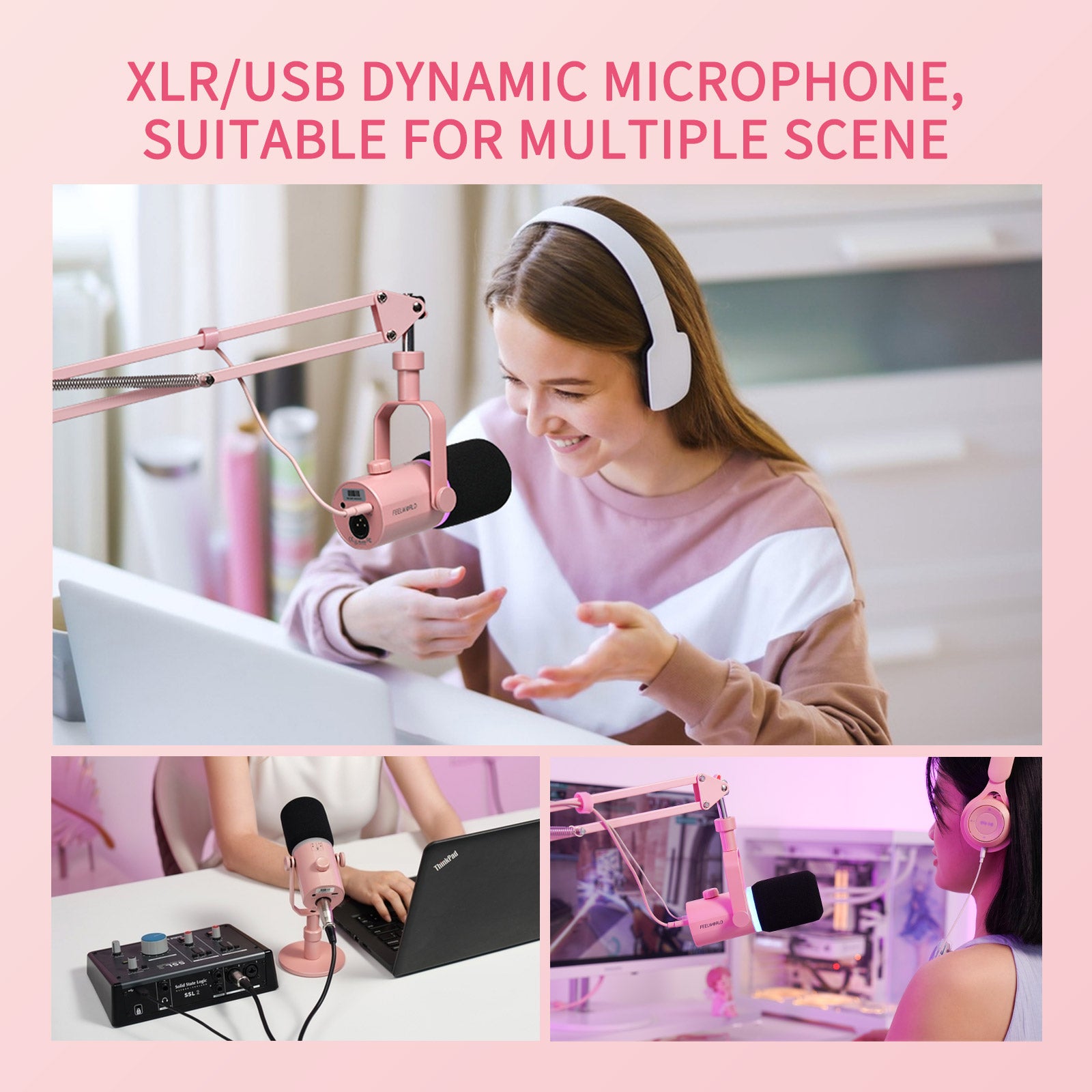 FeelWorld PM1 micro dynamique XLR USB rose + bras podcast