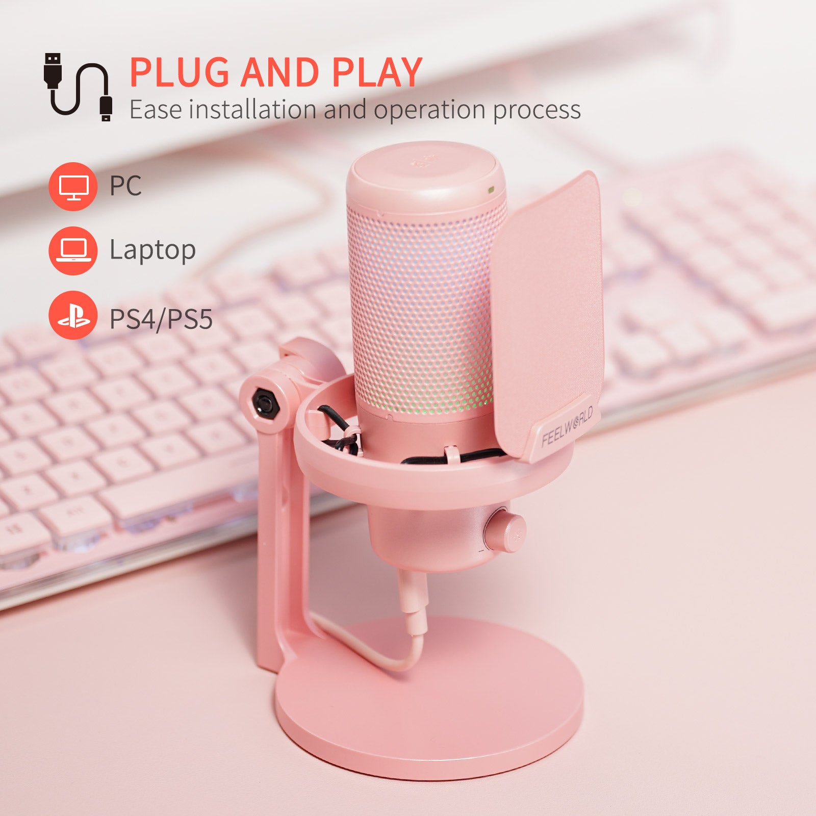 FeelWorld VM1 Micro USB condensateur rose avec pied gaming