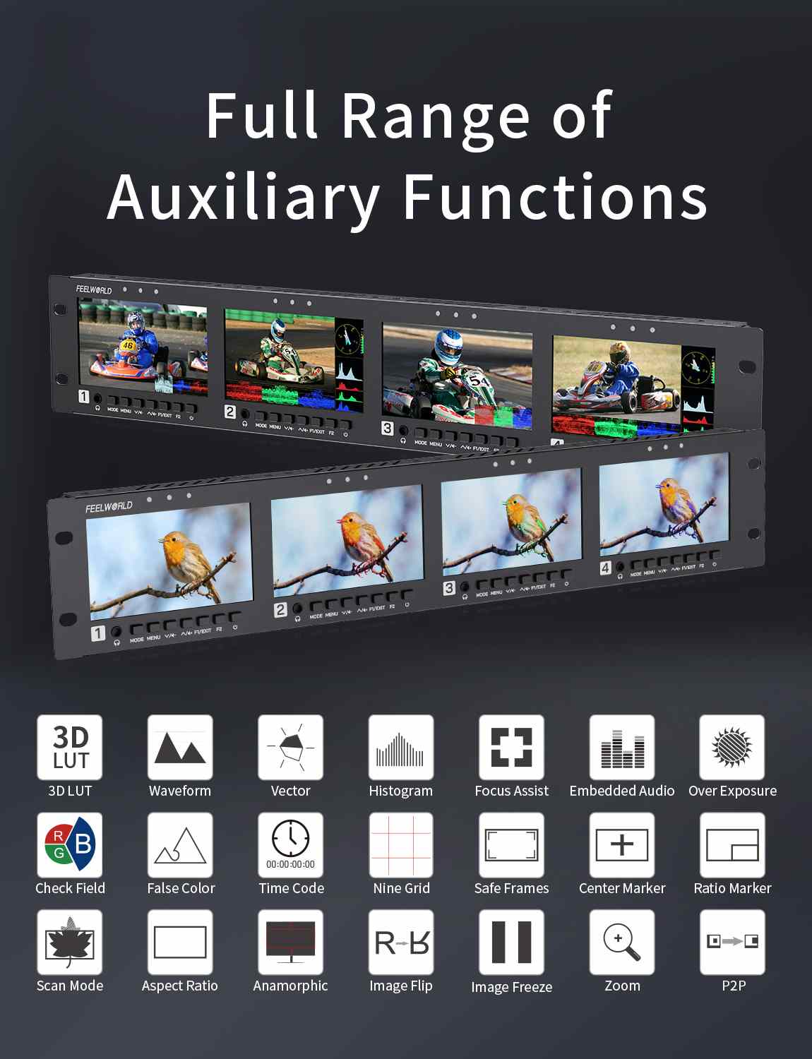 FeelWorld Q41 moniteur rack 2U 4x4,5" SDI HDMI 4K
