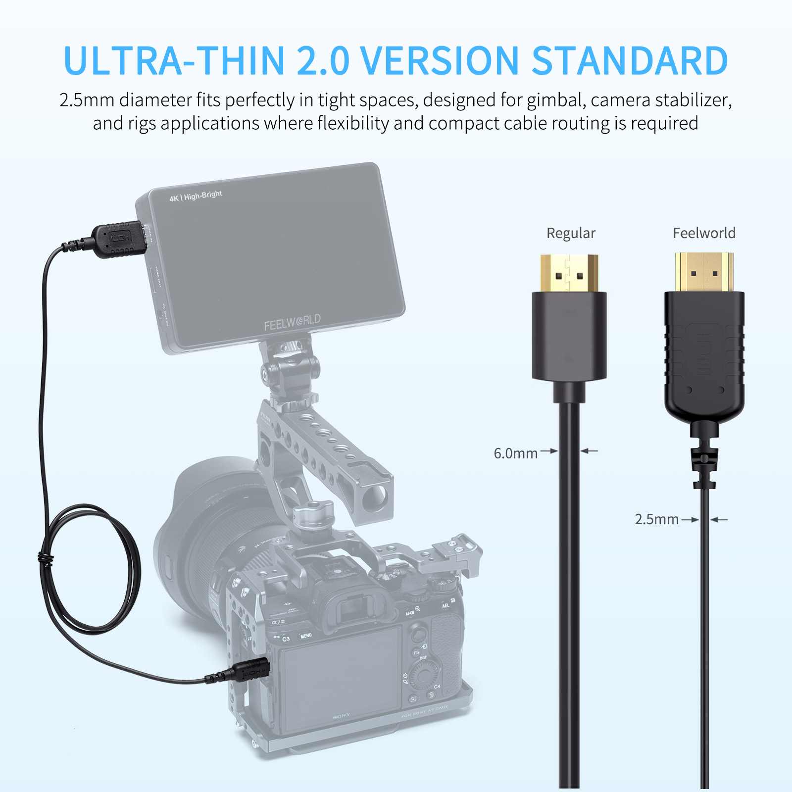 FeelWorld câble micro HDMI vers HDMI ultra-fin 4K 90 cm
