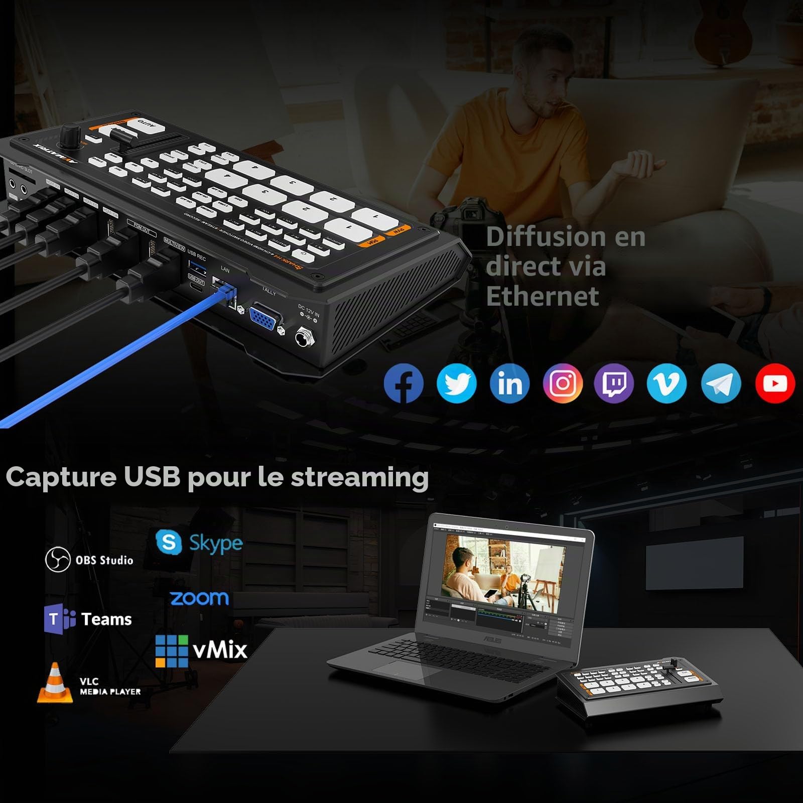 AvMatrix Shark H4 Mélangeur vidéo 4 HDMI streaming