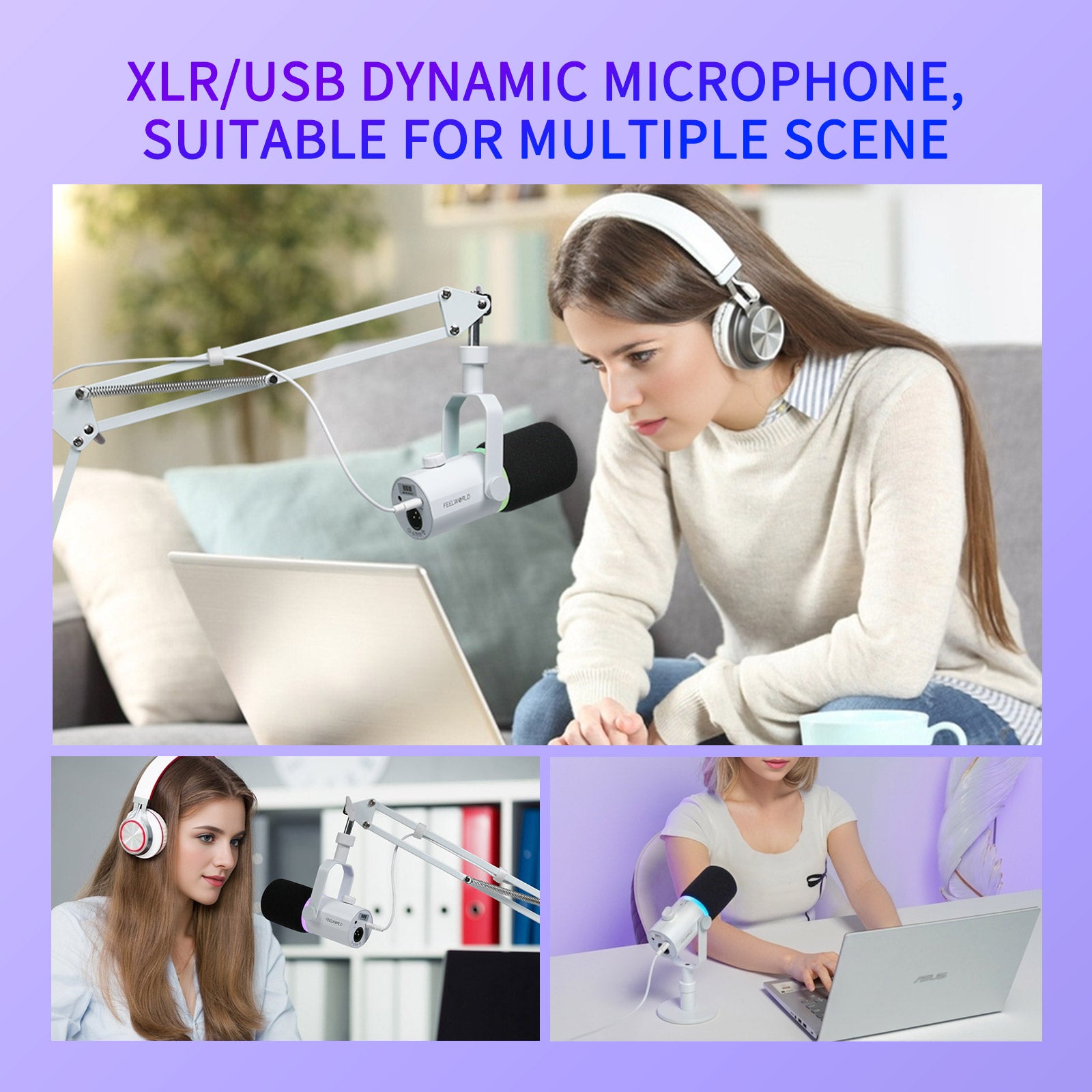 FeelWorld PM1 Micro Dynamique XLR USB Blanc + Bras