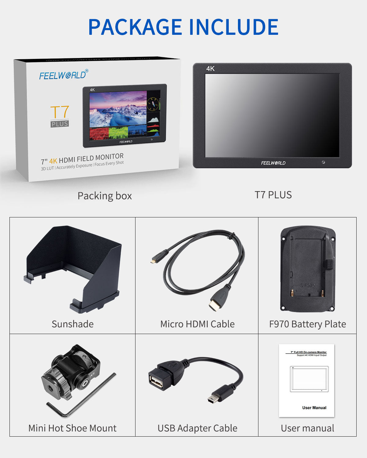 FeelWorld T7 PLUS moniteur terrain 7" 3D LUT HDMI 4K alu